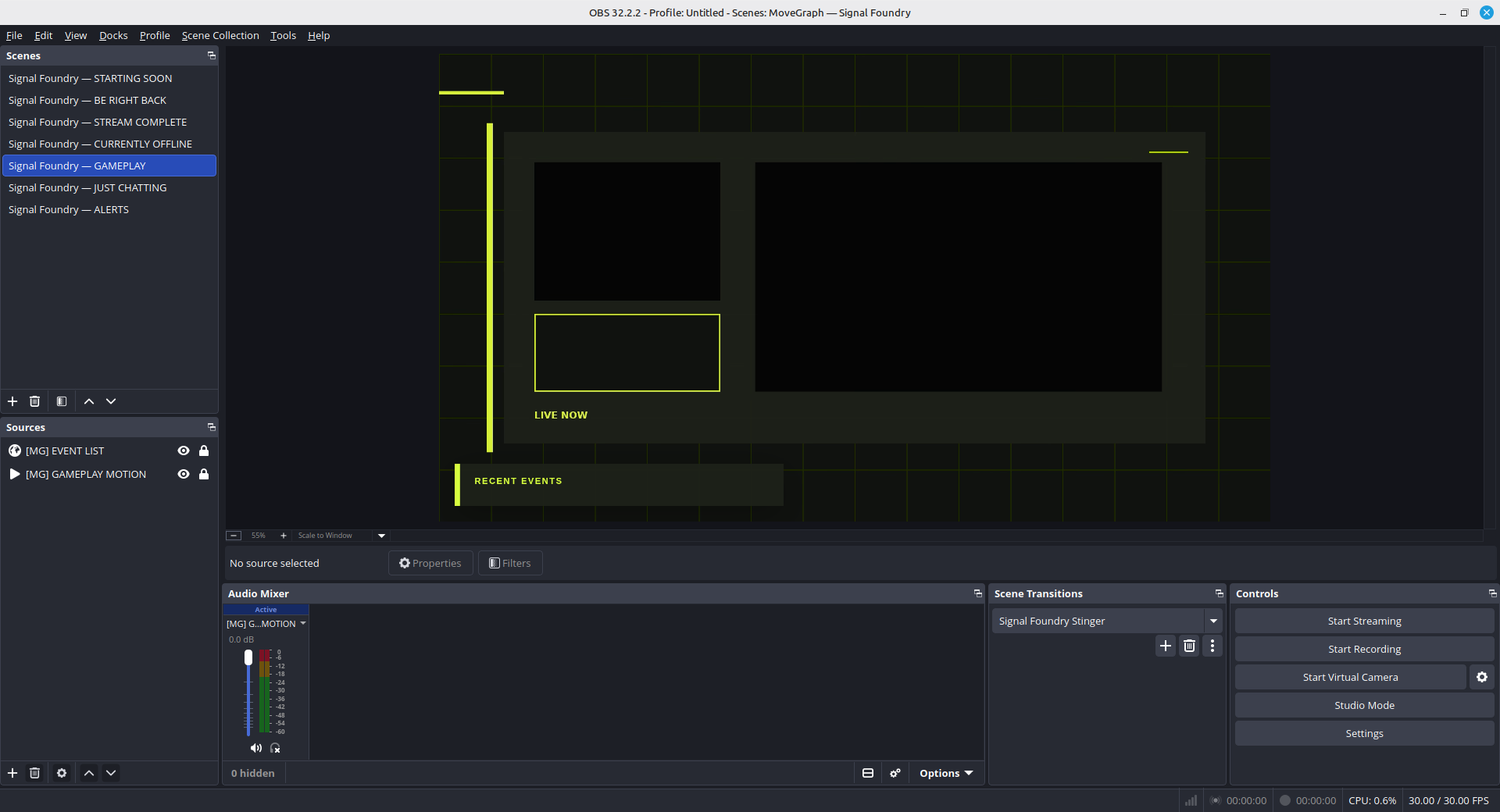 Signal Foundry Gameplay scene in OBS with its motion media source and recent-events browser source visible